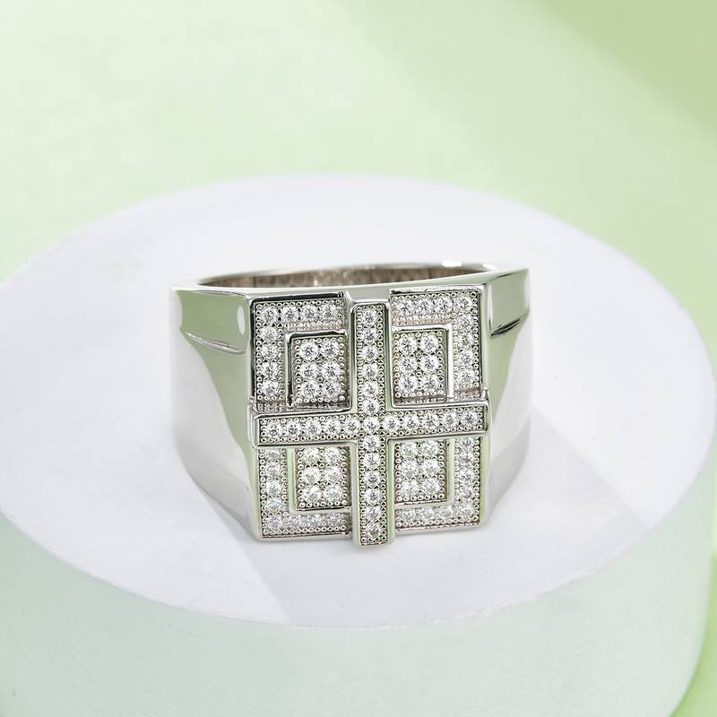 R3867豪镶S925银镀白金MoissaniteMen's Ring厘石D级0.53ct